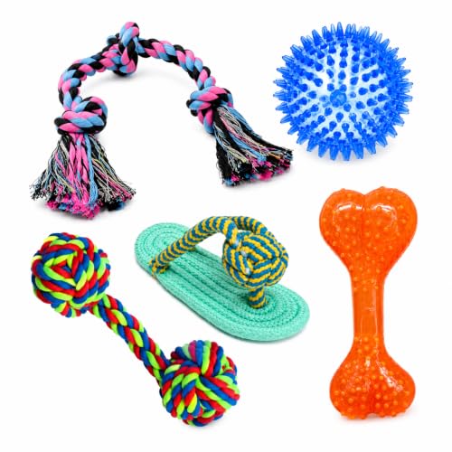 Image of Dog Rope Toy Set for Aggressive Chewers, Interactive Puppy Chew Toys, Cotton Rope Tug Toy, Rubber Spiky Ball, TPR Bone, Rope Ball, Rope Ring Toy for Small Medium Large Dogs
