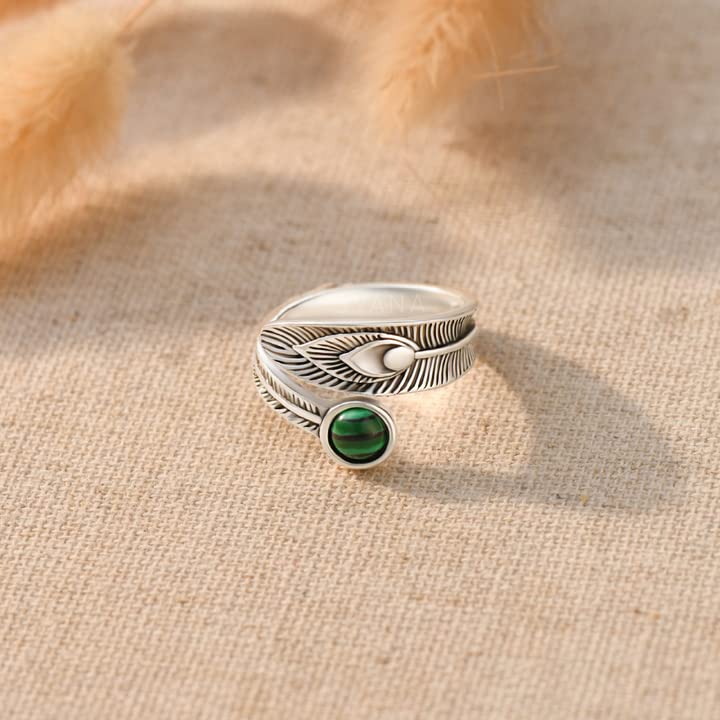 Veer Van Een Engel Verstelbare Ring, S925 Sterling Zilveren Statement Veren Ring, Vintage Verstelbare Malachiet Feather Leaf Ring Sieraden Cadeaus Voor Vrouwen Mannen
