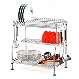 Sink Dish Drying Rack, 3-Tier Adjustable Large Dishes Rack with Removable Drain Board, Kitchen Folding Dish Rack & Plate Holder, Rustproof Stainless Steel, Sturdy Chrome Dish Drainer Organizer