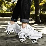 JY&WIN Rollschuhe,2-in-1-Quad-Rad-LED-Verformungs-Rollschuhe Rollschuh Abnehmbar Multifunktionales automatisches Gehen im Freien Unsichtbare Zweireihige Verformung,Silber (ohne Licht) -EU36 / UK3