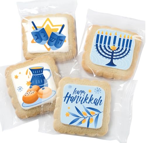 Image of Happy Hanukkah Cookies Gift Basket Kosher for Men Women Kids | Jewish Holiday Gourmet Corporate Food Gift INDIVIDUALLY WRAPPED | 12 Decorated Sugar Cookies Menorah Donuts Dreidels
