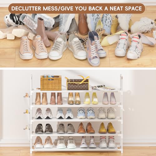 Image of OYREL 5 Tier Shoe Organizer, 33.3in Wide x 11.2in Deep x 35.6in Tall, Black Metal and Plastic Shoe Rack with Side Bag, Holds 20-25 Pairs of Shoes