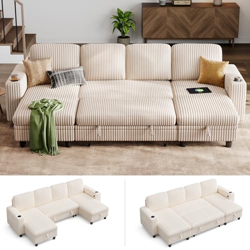 Image of LINSY HOME Sectional Sleeper Sofa with Pull Out Couch Bed - Convertible Plush Corduroy Cloud Couch with Storage Chaise & USB Charging, Comfy U Shaped Modular Couches for Living Room, Beige
