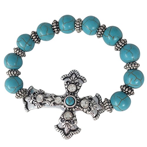 Gypsy Jewels Imitation Turquoise Beaded Sideways Cross Stretch Bracelet - Assorted Styles (Pointed)