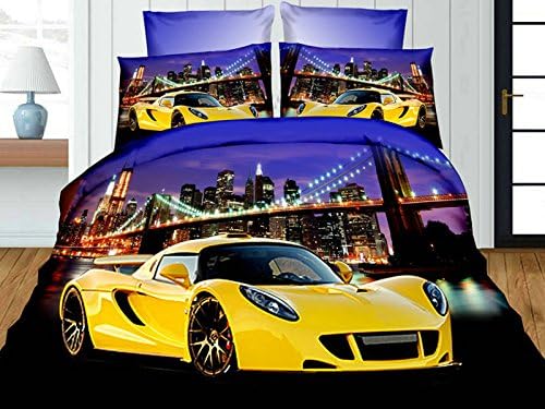 World of Cotton Yellow Car 3D Premium Bedding Set Single Size 4 pcs + pillowcases 50x75 cm + flat sheet