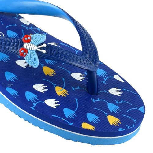 Image of Poddar Women's & Girls' Stylish Rubber Flip Flops | Lightweight Comfort Slippers for Home & Outer| Soft Printed Floral Chappals with Butterfly Detail - Turquoise & Blue (Size 4-8 UK)