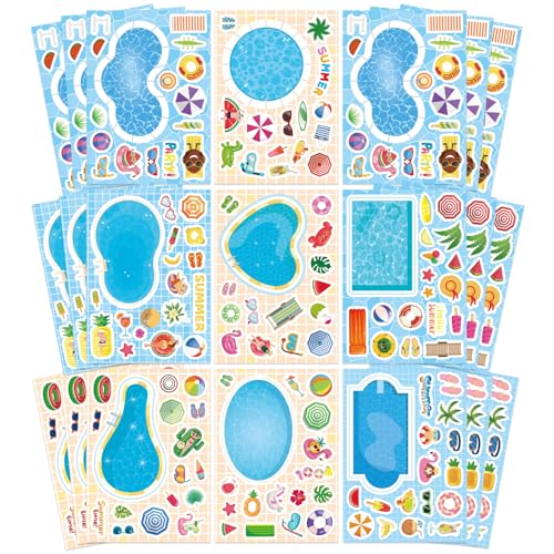 Image of Summer Stickers, Make a Pool Sticker, Make Your Own Stickers for Kids | 24 Sheets Pool Stickers, Mix & Match Craft Kit for Summer Party Favors & Activities
