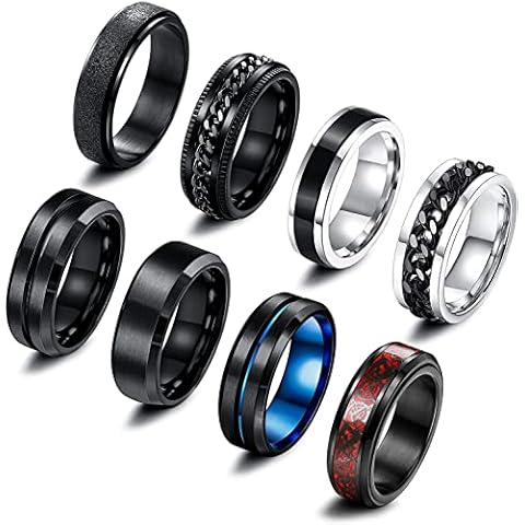 Milacolato 8 Stück Edelstahl Fidget Ring Spinner Ring Edelstahl Spinner Ringe für Zappeln für Damen Hochzeitsversprechen Schwarze Bandringe Coole Schwarze Ringe für Männer 52-70 Cover