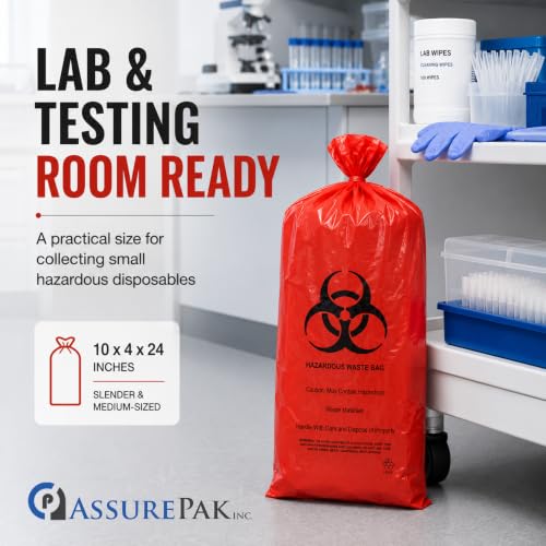 Image of ASSUREPAK Red Hazardous Waste Bags, 10 inch x 4 inch x 24 inch, 1.4 Mil, 200 Count, Biohazard Disposal Bags for Clinics, Labs, Dental Offices, Tattoo Studios & Veterinary Use - HAZWASTELD10424