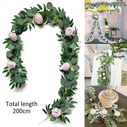 Guirlande d'eucalyptus vert de 5 pieds avec fleurs roses - 7
