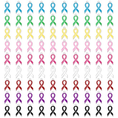 SANNIX 90 Pcs Ribbon Charms Awareness Ribbon Enamel Charms for Jewelry Making Hope Charm Pendants for Bracelets Necklaces Earrings Making and Crafting 9 Colors