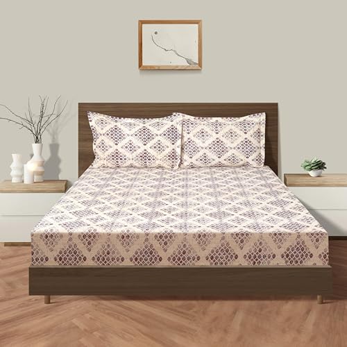 Image of Swayam Pure Cotton King Fitted Bedsheet with 2 Pillow Covers | Size 72 x 78 x 10 inch | 160 TC | Geometric Design | Soft Breathable Bed Sheet | Comfortable & Durable for Bedroom - Beige
