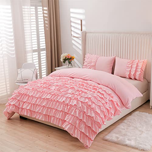 Holawakaka DG-YU02 Pink Waterfall Ruffle Comforter Set Full Size Multi-Layers Ruffled Shabby Chic 3Pcs Bedding Set thumb #1