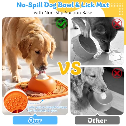 Image of Slow Feeder Dog Bowls & Lick Mat for Liquid and Thick Treat, Anti-Slip Dog Lick Bowl with Interactive Rolling Ball, 5 /6 Cup Pup Licking Toy for Large Medium Small Dogs and Cats-Large Orange