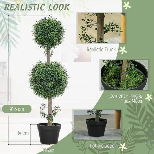 HOMCOM Artificial Plants Topiary Ball-Shaped Boxwood Trees in Pot Set of 2 Fake Plants for Home Indoor Outdoor Front Porch Decor, 36 Inch, Green - Image 4
