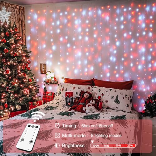 Image of JMEXSUSS 300LED Red and White Christmas Curtain Lights for Bedroom, Plug in