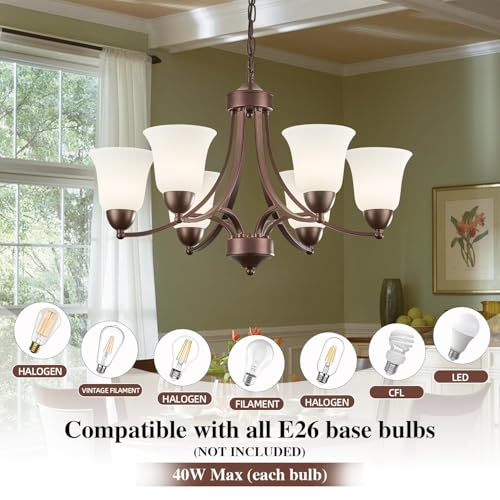 Image of 6 Light Oil Rubbed Bronze Dining Room Light Fixture Farmhouse Modern Chandelier Pendant Light Bronze 47.2''Adjustable Ceiling Hanging Lighting with Frosted Glass for Kitchen Island Living Room Foyer