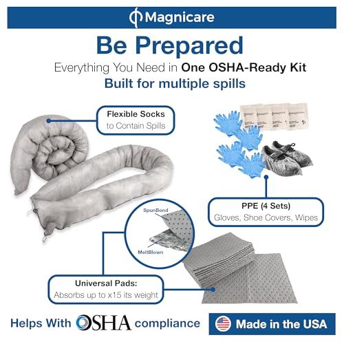 Image of Universal Spill Kit OSHA Approved - Biohazard Clean up Kit for Oil, Water & Chemicals | 15 Absorbent Pads, 2 Socks, PPE, Biohazard Bags in Bright Orange Duffel Bag