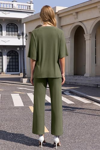 Image of difficort Womens 2 Piece Outfits Raglan Short Sleeve Lounge Sets Wide Leg Sets Loungewear with Pockets