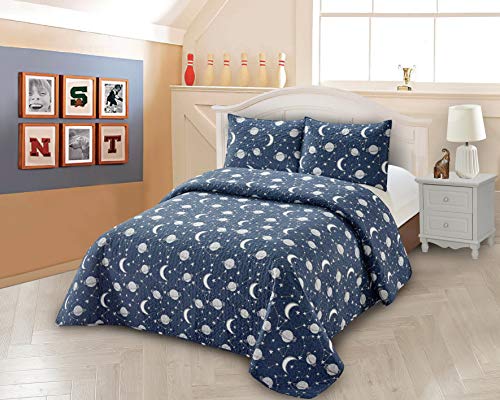 Kids Zone Collection Bedspread Coverlet Kids/Teens Saturn Planet Moon Star Dark Blue White Grey New # Saturn (Full/Queen)
