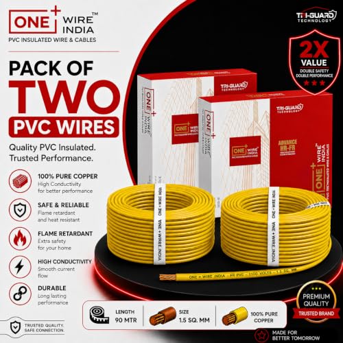 Image of 90m PVC Copper Electrical Wire (Pack of 2), Yellow, 1.5 mm