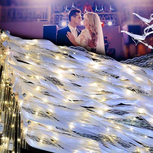 YOFOBU 30PCS Light Up Wands Wedding Party Favors,White Wedding Wands Ribbon Streamers with 3 Colorful Flashing Modes,LED Silk Fairy Wands with Bells for July 4th,Mother's Day,Easter,Birthday