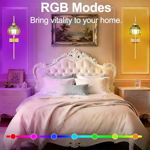 Image of ZECOXOL Vintage Battery Operated Wall Sconces Set of 2, Gold Rechargeable Wireless Wall Lamp Lights with Glass Lampshade & Remote,Dimmable 12 Colors Flower Wall Sconce for Bedroom Living Room Hallway