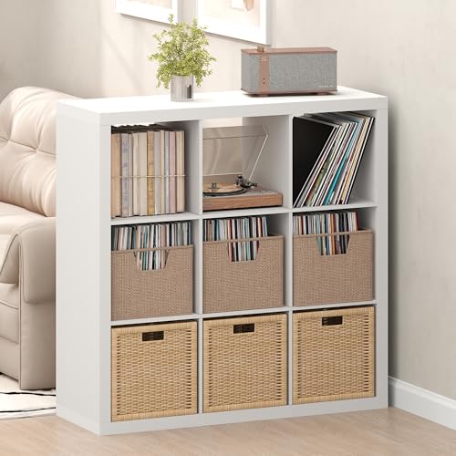 Image of Furinno Cubicle Record Player Stand, 9-Cube Vinyl Record Storage, White