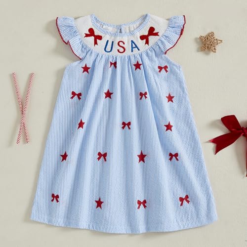 Toddler Baby Girl 4th of July Outfit Smocked Dress USA Strar Romper Striped Dresses Girls Fourth of July Clothes4