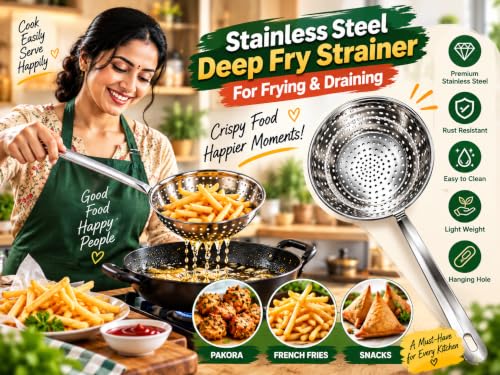 Image of 304 Stainless Steel Cooking Skimmer Jhara with Long Handle, Heavy Duty Spider Strainer Slotted Spoon for Deep Frying, Oil Draining, Pasta, Noodles, Poached, Pakora, Puri & Fries Cooking (Set 1)