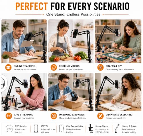 Image of Adjustable Overhead Mobile Holder Stand for Smartphones & Tablets, Metal Arm with 360 Rotation, Anti-Slip Clamp, Flexible Desk Mount for Video Recording, Live Online Classes & Video Calls