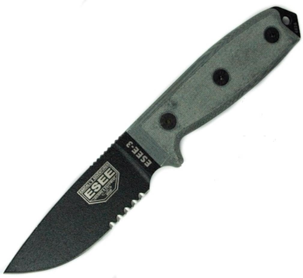 ESEE -3 Serrated Edge Black Blades with Micarta Handles and Brown Molle Sheath