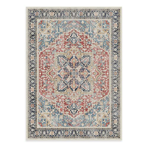 RUGGABLE Washable Vintage Area Rug – Kamran Cayenne Red 5x7, Stain-Resistant, Non-Slip with Standard Pad – Medium Machine Washable Rugs for Living Room, Bedroom, Hallway, Entryway & Office