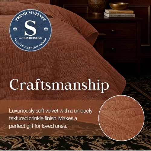 Image of DOWN HOME Crinkle Textured Velvet Quilt Set with Shams, All-Season Luxury Modern Bedding,Easy Care Comforter,Ultra-Soft,Lightweight & Breathable, Cali King, Rosewood Brown