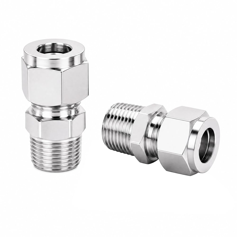 Pysrych 304 Stainless Steel Compression Fitting 1/4" Tube OD x 1/8" NPT Male Coupler Straight Adapter Connect with Double Ferrules Pack of 2