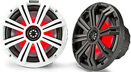 Kicker 6.5" Marine Speakers (1 Pair) Oem Replacement Coaxial Speakers For Boat With White And Charcoal Grilles, Led Lights And Remote Control 4-Ohm. Water And Weather Resistant #TOP6