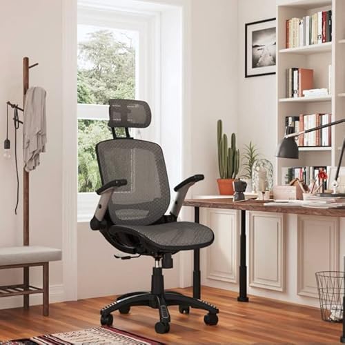 Gabrylly Ergonomic Mesh Office Chair, High Back Desk Chair - Adjustable Headrest With Flip-Up Arms, Tilt Function, Lumbar Support And Pu Wheels, Swivel Computer Task Chair, Grey #TOP1