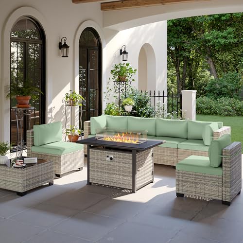Image of Outdoor PE Wicker Rattan Modular Patio Sectional Sofa Set | 8-Piece: 6 Modular Seats, Coffee Table & 55,000 BTU Fire Pit Table, Light Green