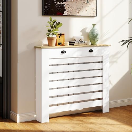 HOMCOM Cubre Radiadores con Cajón, Cubreradiador de MDF, 111x19x95,5 cm, Cubierta para Radiador, Diseño Moderno de Listones, para Salón, Dormitorio, Blanco