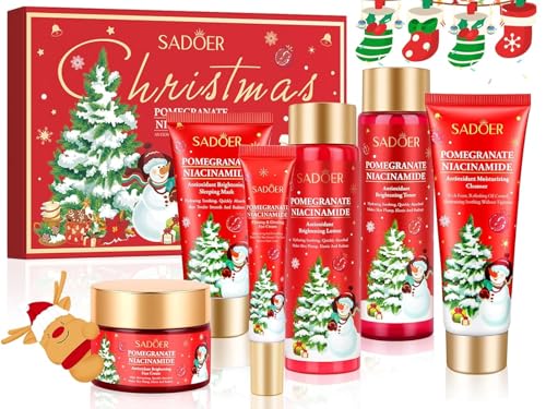 Christmas Pomegranate Skincare Set-6 Pcs Skin Care for Women-Teenage Girls Gift Set-Cleanser,Toner,Lotion,Face Cream,Eye Cream,Sleeping Mask Travel Gift Set for Birthday Christmas Stocking Stuffers