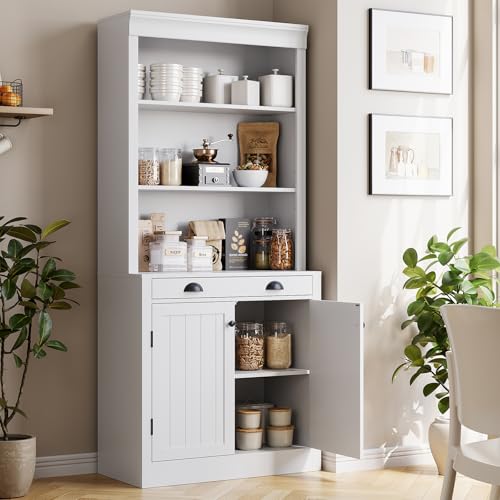 GarveeHome 71" Tall Bookshelf and Bookcase with Drawer, 5-Tier White Bookshelf with Doors, Adjustment Shelf, Wood Bookshelves Storage Cabinets for Home Office, Living Room, White, Set of 2