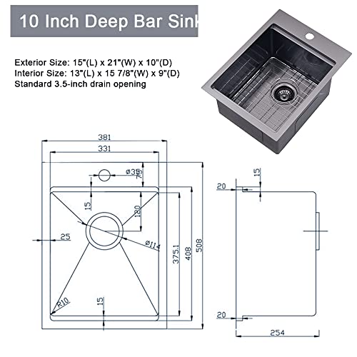 15 Inch Black Drop In Bar Sink Workstation-Jshozzy 15 X 21 Inch Bar Sink Drop In Topmount Black Stainless Steel Outdoor Sink 16 Gauge Single Bowl Small Kitchen Bar Sink #TOP6