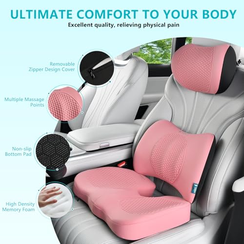 Image of FLORICH 3 PCS Seat Cushion for Carseat Lumbar Support Pillow Car Neck Headrest Pillows 100% Memory Foam Seat Pads Pressure Relief Back Cushion for Office Chair(Pink)