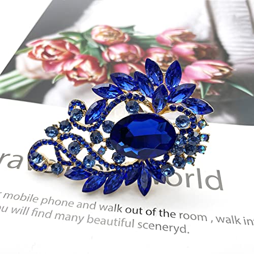 Image of YOQUCOL Vintage Blue Austrian Crystal Rhinestone Leaf Shape Big Large Brooch Pin for Women Girls