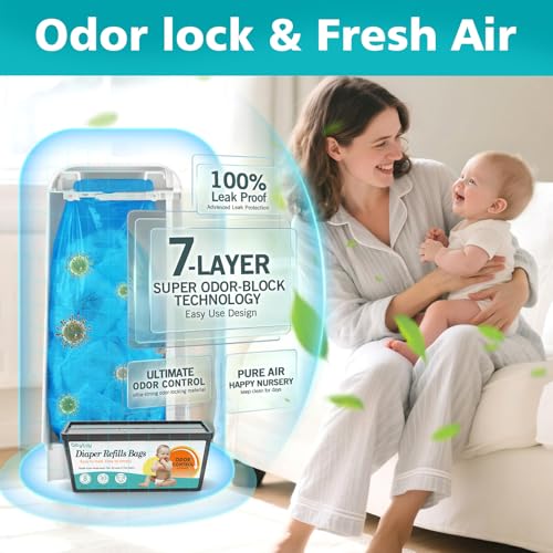 Image of Diaper Pail Refill Bags Compatible with Diaper Genie Easy Roll Signature & Platinum Pails,4-Pack (120 Bags) Hold up to 5640 Newborn Diapers Extra Thickness Powerful Odor Control Easy to Use