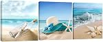 Pyradecor 3 Panels Starfish Seashell Bottle Beach Pictures on Canvas Wall Art Modern Seascape Stretched and Framed Giclee Canvas Prints Seaview Landscape Artwork for Bedroom Home Office Decorations