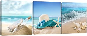 Pyradecor 3 Panels Starfish Seashell Bottle Beach Pictures on Canvas Wall Art Modern Seascape Stretched and Framed Giclee Canvas Prints Seaview Landscape Artwork for Bedroom Home Office Decorations