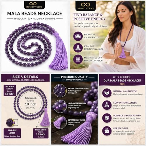 INFINITY GEMS Collier Japa Mala en howlite blanche AAA, composé de 108 perles de 6 mm nouées à la main, idéal pour la méditation, le yoga et la prière, avec pompon blanc. – vue 6