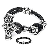 BAVIPOWER Thor Hammer Viking Rune Bead Norse Leather Bracelet Stainless Steel Asatru Pagan Jewelry f