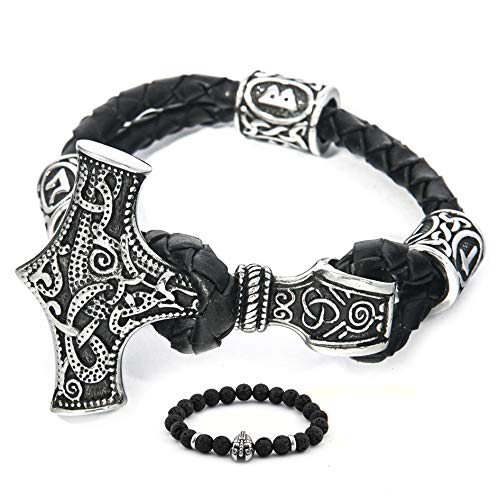 Bavipower Thor Hammer Viking Rune Bead Norse Leather Bracelet Stainless Steel Asatru Pagan Jewelry For Men Women #TOP12